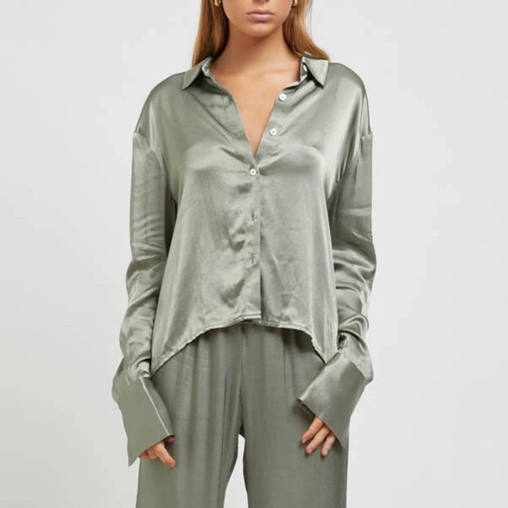 Satin blouse-Sage